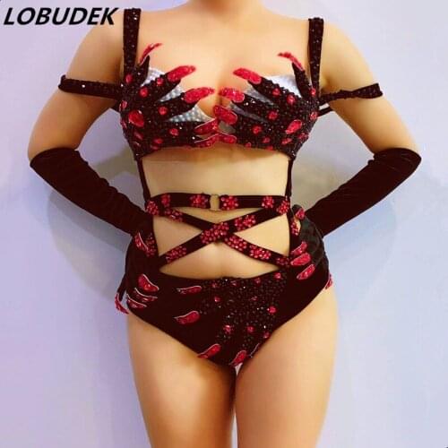 Talons Glove Black Velvet Rhinestones Bandage Bikini Bodysuit Sexy Nightclub Stage Wear Bar DJ Singer Pole Dance Leotard Costume