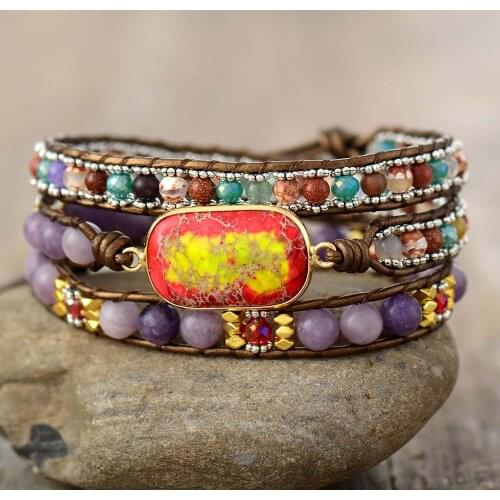 Luxury Colorful Leather Wrap Bracelets Purple Jaspers 3 Strands Statement Bracelet Bohemian Jewelry Bijoux Dropshipping