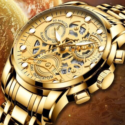 FNGEEN Brand Gold Watch Mens Automatic Hollow Trend Quartz Watch Stainless Steel Band Waterproof Luminous Fashion Watches
