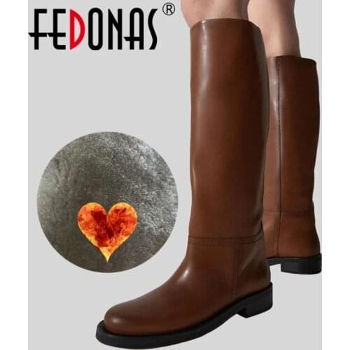 FEDONAS INS ZA Women Knee High Boots Full Cow Leather Warm Boots Thick High Heels Motorcycle Boots Punk Shoes Woman High Boots