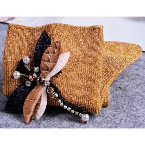 Gtglad Glitter dragonfly Socks Women Fashion Short Socks Shiny Harajuku Soft Ladies Funny Socks Silver onion Hand-made Socks