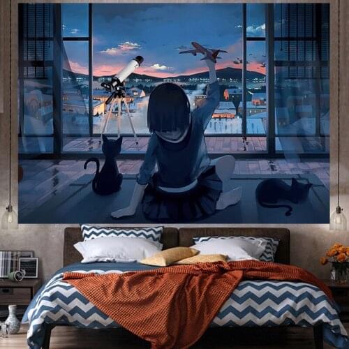Kawaii Girl Tapestry Wall Cloth Cat Telescope Mountain Scenery Wall Carpet Drop Shipping Wall Sheet