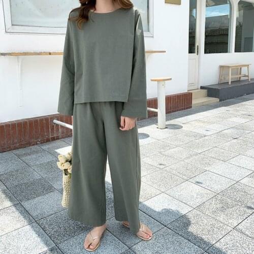 Two Piece Set Outfits Kit Full Sleeve Pullover Blouse with Elastic High Waist Long Pants Women Spring Autumn Cotton Linen Loose