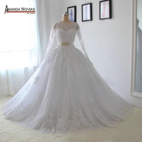 Custom Made Full Sleeve Lace Appliques Rhinestone Crystal Belts China Wedding Dress
