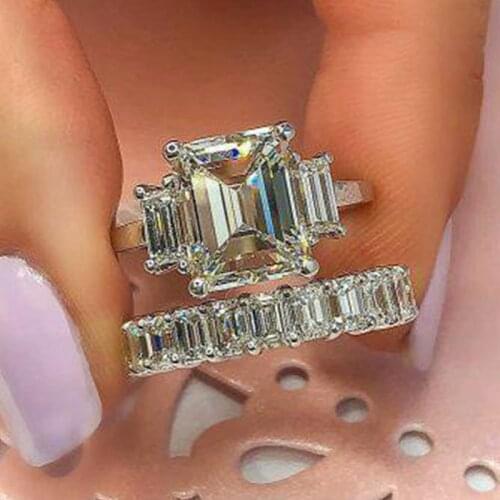 Fashion 2 Pcs/set Transparent White Cubic Crystal Silver Color Alloy Women Ring Set for Party Wedding Jewelry Accessories