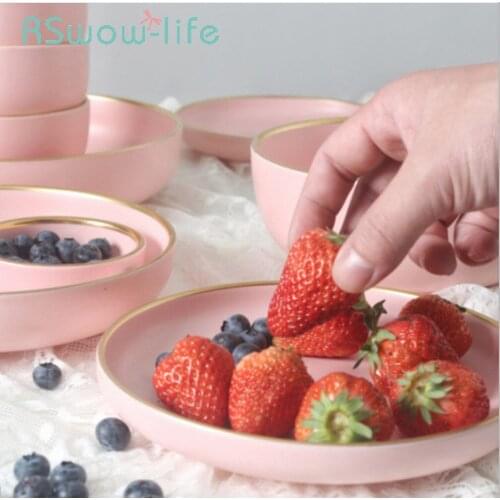 14pcs Peach Pink Gold-rimmed Ceramic Bowl Cutlery Set Household Plate Rice Bowles Soup Bowl Bone China Dinnerware Sets
