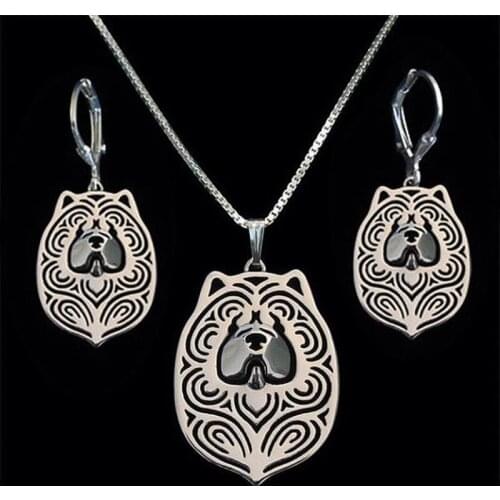 Womens Chow Chow Dog Jewelry Set Lovers' Cutout Metal Dog Shaped Jewelry Set
