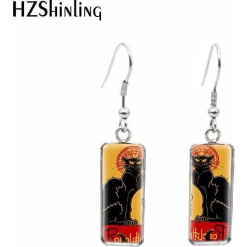 2019 New Cat With Flowers Rectangular Earring Black Cats Square Fish Hook Earrings Chat Noir Ear Ring Glass Jewelry