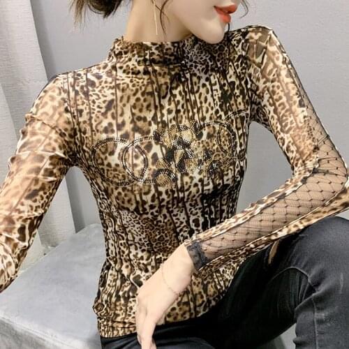New 2021 Autumn Long Sleeve Womens T-Shirt Fashion Casual Turtleneck Hot Drilling Leopard Mesh Tops Plus Size Clothing