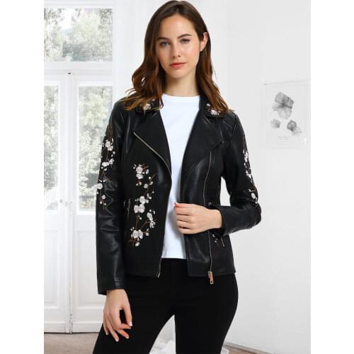 Giolshon Autumn Flowers Embroidery PU Leather Jacket Women Slim Turn-Down Collar Outerwear Zipper Moto Biker Coats Tops Clothes