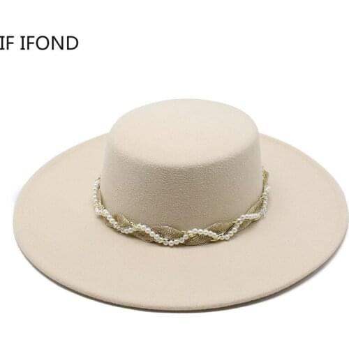 French Elegant Wool Fedoras Hats For Women Big Brim Winter Hand-made Pearl Decoration Felt Wedding Church Jazz Cap
