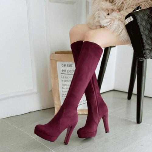 Zatsopano Fashion Suede Leather Knee High Long Boots Female High Heels Round Toe Boots Women Thick Platform Slim Boot Wine Black
