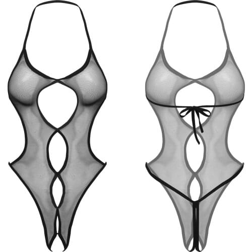 Womens Femme Halter Neck Hollow Out Crotchless Sissy Bodysuit Lingerie Underwear See-through Mesh Slim Fit Teddies Nightwear