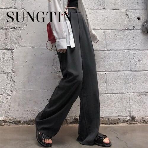 Sungtin Office Lady Blazer Wide Leg Pants Women Korean Casual Loose Pants Solid High Waist Straight Trousers Vintage OL Fashion