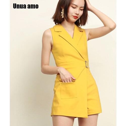 Unua amo 2021 Notched Collar Short Jumpsuit Women Summer Sleeveless Romper Casual OL High Waist Slim Elegant Playsuit Female