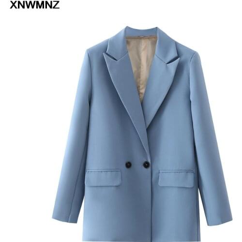 XNWMNZ Women Office Lady Double Breasted Blazer Vintage Coat Fashion Notched Collar Long Sleeve Ladies Outerwear Stylish Tops