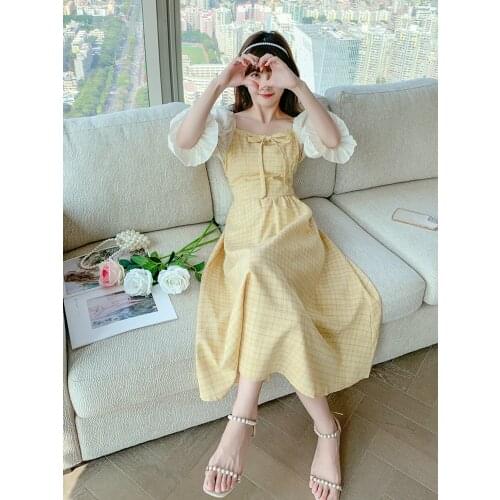 French Retro Dress Women Summer 2021 New Bowknot Square Neck Sweet and Elegant Ladies Fashion Chic Flare Sleeve Gentle Vestido