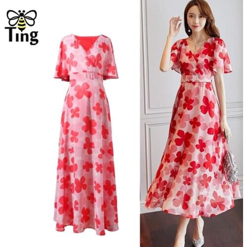 Tingfly Women Summer Red Floral Print Casual Midi Long Bohemian Chiffon Backside Cut Out Waist Tie Up Dress Elbise Traf Tide Za