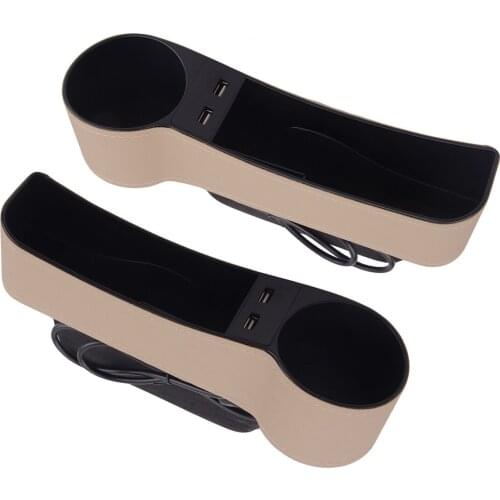 1 Pair Console Left & Right Side Beige Universal Car Seat Slit Storage Organizer Box Pocket with 2 USB Ports