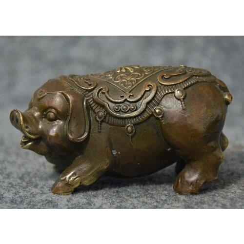 Free shipping Folk China Bronze Copper Wealth Zodiac Year Cai Fu Happy Pig Statue Sculpture size:6x3x2cm
