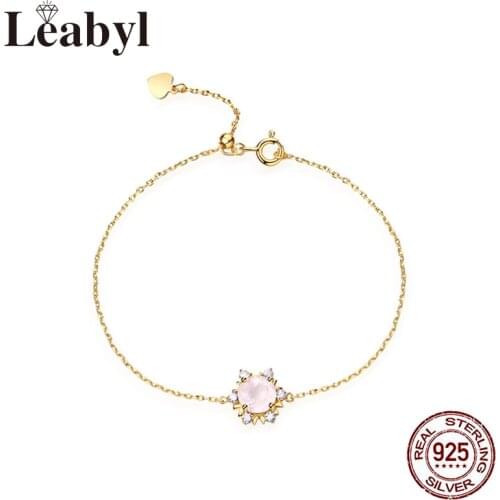 Leabyl Claissc Simple Pink Rose Quartz Charm Bracelet 100% 925 Sterling Silver Chain Link Bracelet for Women Jewelry Gift