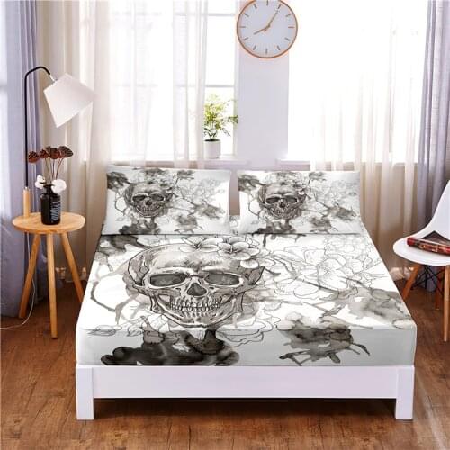 Skull Digital Printed 3pc Polyester Fitted Sheet Mattress Cover Four Corners with Elastic Band Bed Sheet Pillowcases