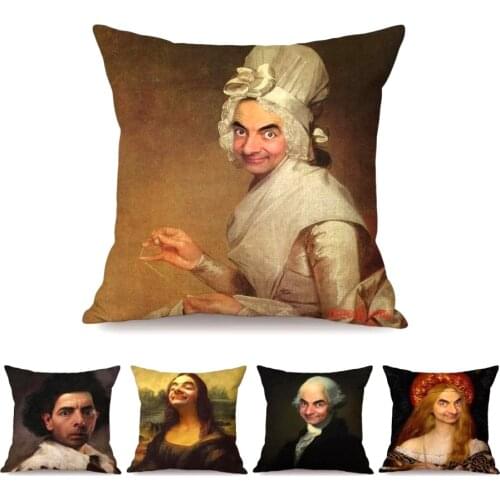 Double print Art Funny Humourous Mr Bean World Famous Oil Painting Mona Lisa Decoration Sofa Throw Pillow Case Cushion Cover