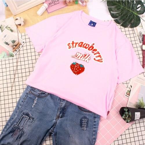 Merry Pretty Strawberry Milk Cotton T-shirt Women Korean Style Harajuku Sweet T Shirts Short Sleeve O-neck Cute Tee Top S-3XL