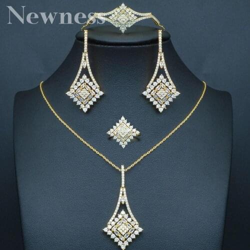 Newness Luxury Geometric Type Cubic Zirconia Necklace Bracelet Earring Ring Sets Women Wedding African Dubai Bridal Jewelry Set