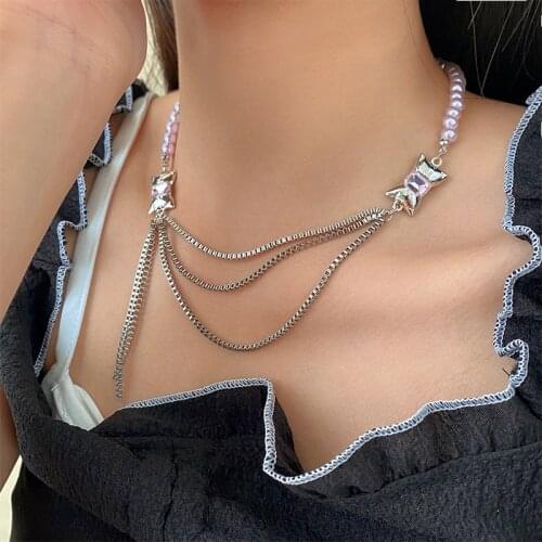 MENGJIQIAO Fashion Design Pink Beads Necklace For Women Lades Elegant Metal Bowknot Pendent Choker Party Jewelry Gifts