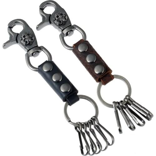 Steampunk Fashion Men Waist Hanging Keychain Metal Skull Holder Ring Genuine Leather Pendants Car Keys Chain Gothic Punk Jewelry