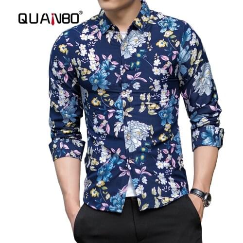 QUANBO Men Floral Dress Shirts Long Sleeve Casual Button Down Flower Printed Shirts 2020 New Arrival Big Size Men Shirt