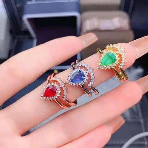Natural Sapphire/Emerald/Ruby Water Drop Shape Gemstones Ring S925 Sterling Silver Fine Fashion Jewelry for Women MeibaPJFS