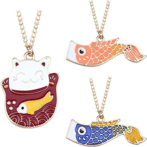 New Fashion DIY Cartoon Lucky Cat Necklace Sweet Lady Animal Necklace Jewelry fish Pendant For Women