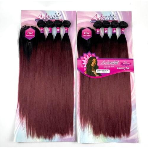 Ombre Red Color Yaki Straight Suit Packet Synthetic Bundles With Lace Closure For Black Woman 20 INCH T1BBUG Amazing Yaki 4pcs
