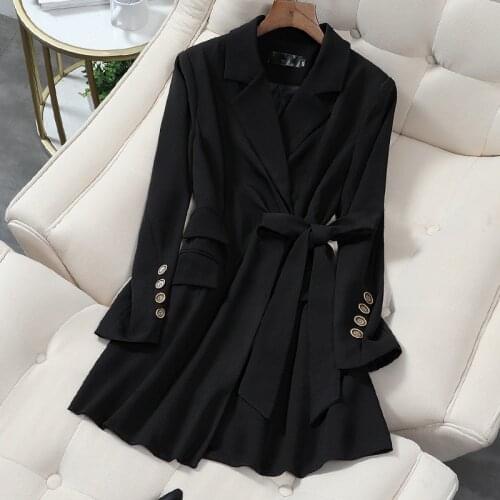 Vintage black Women Blazer Dress 2020 Autumn Spring Slim Long Blazer Chic Lace-Up Belt Office Blazer Jacket Feminino Outerwear