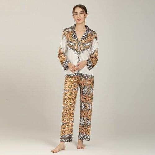 2021 New Long-sleeved Trousers Ice Silk Print Pajamas for Women Luxury Sexy Home Wear Smooth Satin Lapel Two-piece Set Spring