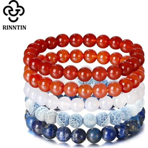 Rinntin 5pcs/set Natural Red Agate Gemstone 8mm Beaded Bracelet & Bangle for Men Women Stackable Wrist Bracelets Jewelry GMB44