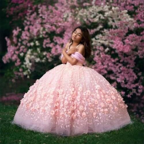 Pink Princess Flower Girl Dresses For Wedding Off the Shoulder Floral Applique Toddler Pageant Gowns Tulle First Communion Dress