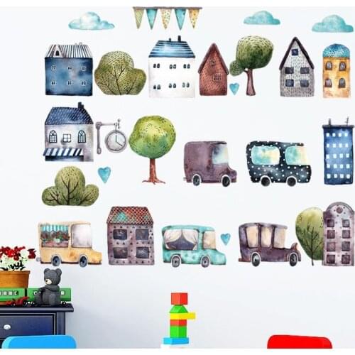 Vintage Car Small Town Wall Stickers for Kindergarten Classroom Cartoon Cars Children Room Self-Adhesive Sticker Home Decoration