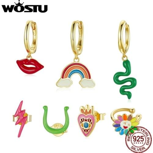 WOSTU Lip Snake Sunflower Studs Earrings 925 Sterling Silver Love Eye Colorful Enamel Earrings For Women Fashion Silver Jewelry