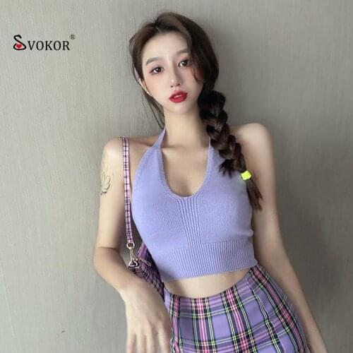 SVOKOR Halter Neck Tank Top Sleeveless Summer Sexy Backless New Vest Slim Short Solid Color Top