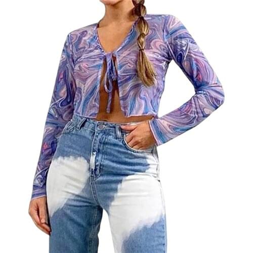 Xingqing Womens Tie Up Crop Tops Sexy V Neck Long Sleeve Abstract Stripes Print Sheer Mesh T-Shirts