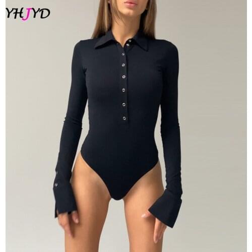 Bodysuit Women Long Sleeve Body 2021 Spring Sexy Skinny V-Neck Button Shirt Collar Bodysuits Black White Jumpsuit One-Piece suit