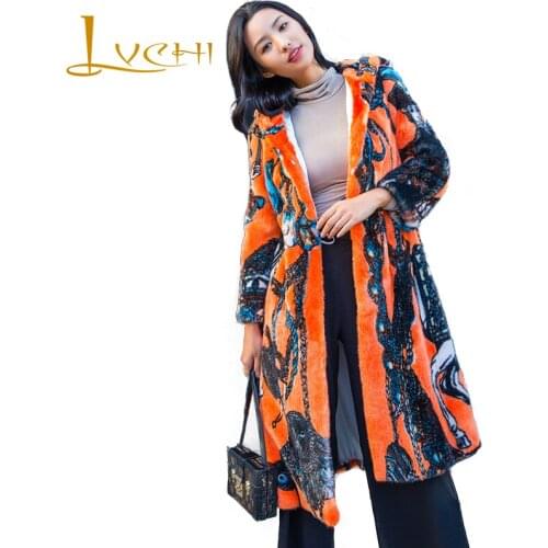 LVCHI Winter 2019 Mink Fur Coats Womens Long Sleeve Coat Long Full Pelt With Fur Hood Orange Colorful Print Long Mink Coats