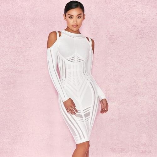 WillBeNice 2021 Winter White Bandage Dress Women Long Sleeve Hollow Mesh Plus XL Party Club Celebrity Black Bodycon Vestidos