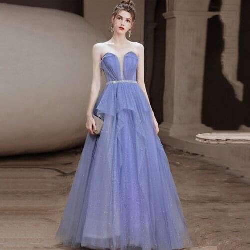 New Sequins Strapless Evening Dress Sleeveless Simple Luxurious A-Line Foor-Length Ruched Tulle Woman Formal Party Gowns A1459