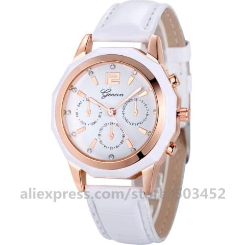 100pcs/lot Geneva 2707 Women Watch Factory Price Arabic Numerals Watch Strap PU Belt Watches Three Eye Stud Scale Sport Watch