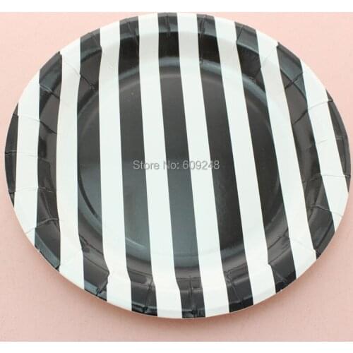 24pcs 9" Personalized Birthday Halloween Holiday Black Striped Paper Plates Bulk Round Party Dessert Paper Dishes Wholesale