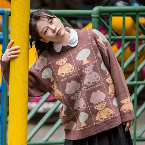 Bebobsons Harajuku Winter New Women Pullover Sweaters O Neck Cute Bear Letters Ladies Loose Knitted Jumpers Tops Brown